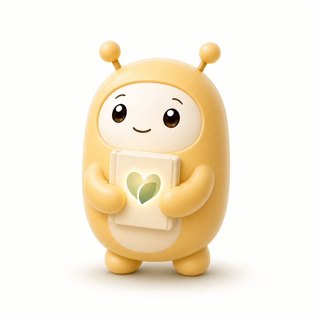 Maskot Learning Deari kuning memegang kartu hati